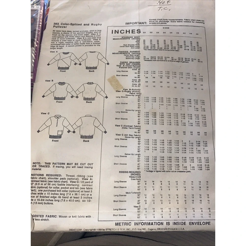 Stretch & Sew 383 Vintage 1980s Color Spliced Rugby Pullover Sewing Pattern Cut